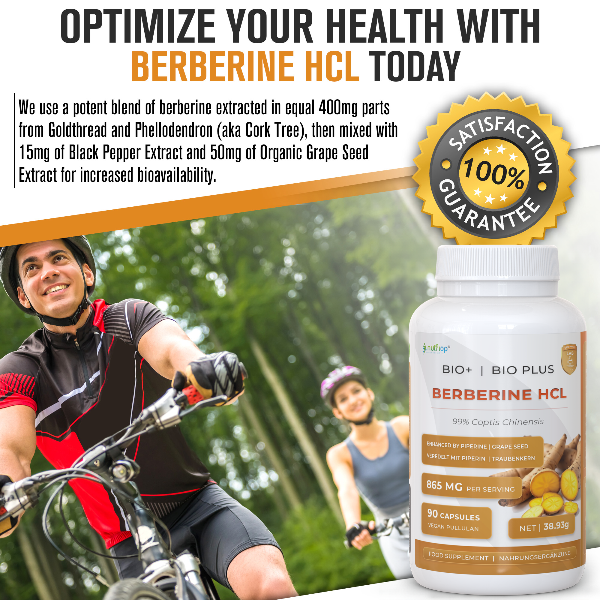 Nutriop Longevity® Bio-Enhanced Berberine HCL with Pure Organic Piperine and Grape Seed Extract - 865mg per serving (x45)-3