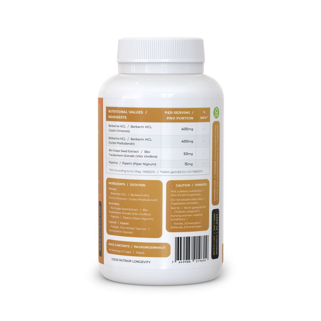 Nutriop Longevity® Bio-Enhanced Berberine HCL with Pure Organic Piperine and Grape Seed Extract - 865mg per serving (x45)-2