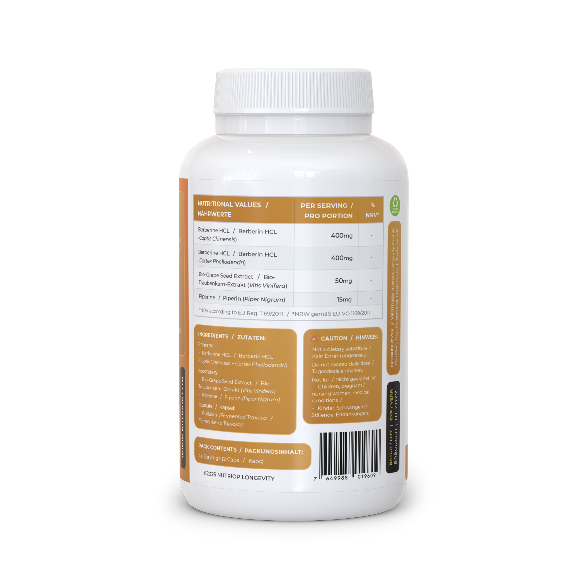 Nutriop Longevity® Bio-Enhanced Berberine HCL with Pure Organic Piperine and Grape Seed Extract - 865mg per serving (x45)-2