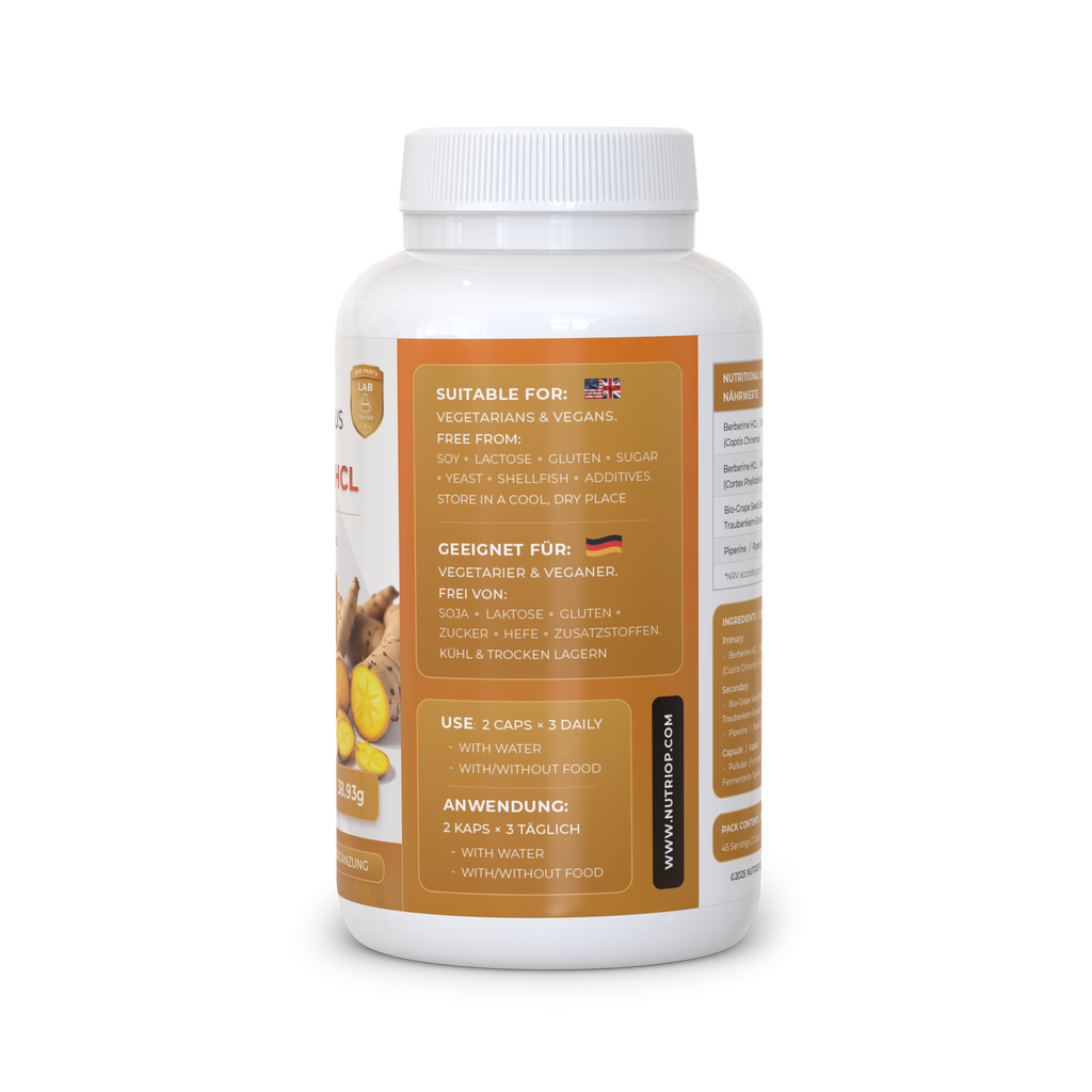 Nutriop Longevity® Bio-Enhanced Berberine HCL with Pure Organic Piperine and Grape Seed Extract - 865mg per serving (x45)-4